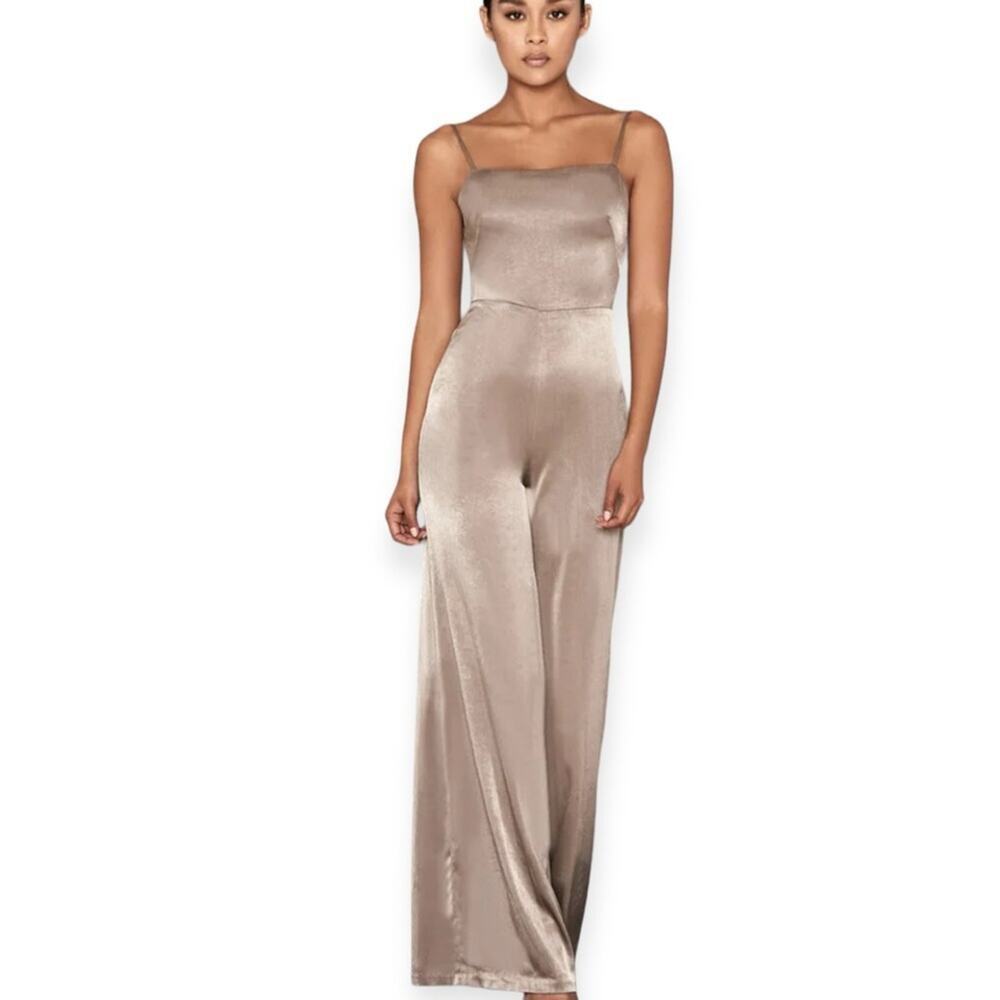 House CB Mistress Rocks SERVE IT Khaki Satin Wide Leg Jumpsuit NWT Size Small - Picture 2 of 6